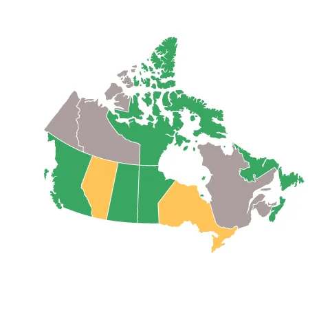 Map of Canada showing provinces and territories in three different colors: green, yellow, and gray.